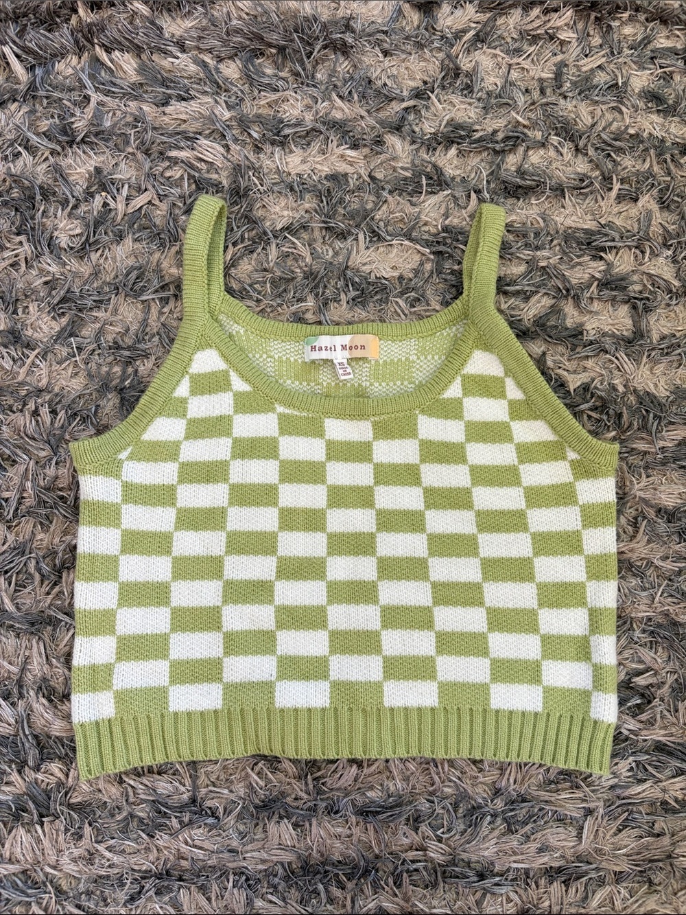 New! Hazel Moon Green & White Checker Knit Crop Tank XS